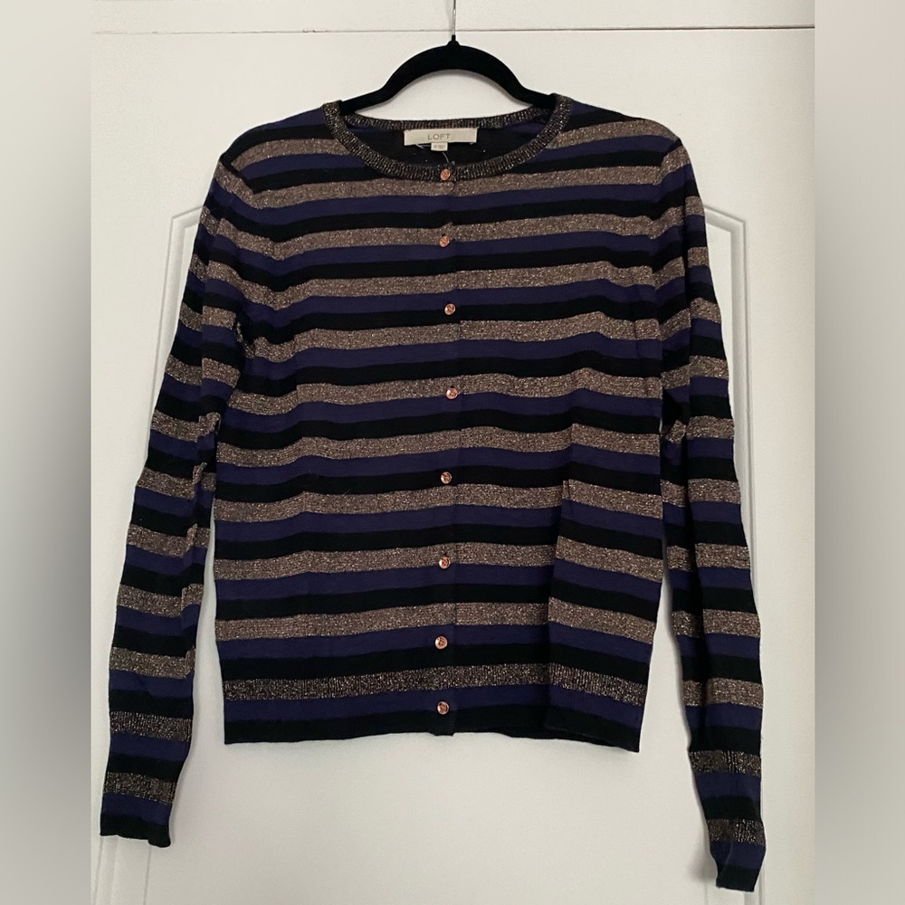 LOFT Black Purple and Gold Striped Cardigan